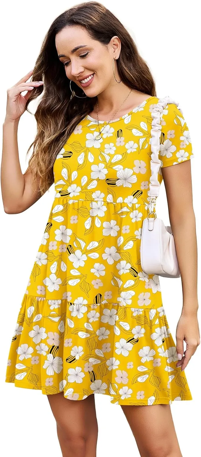 2025 Spring Summer Short Sleeve T-Shirt Dress – Ruffle Tiered Swing Sundress with Pockets for Beach & Daily Wear