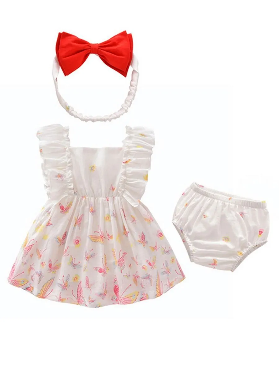 3-Piece Summer Toddler Baby Girl Clothes Outfits Ruffle Butterfly Dress Brief Bow Headband