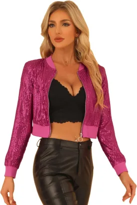 Allegra K Women Sequin Jackets 2025 Party Club Sparkly Cropped Bomber Jacket Disco Outfit