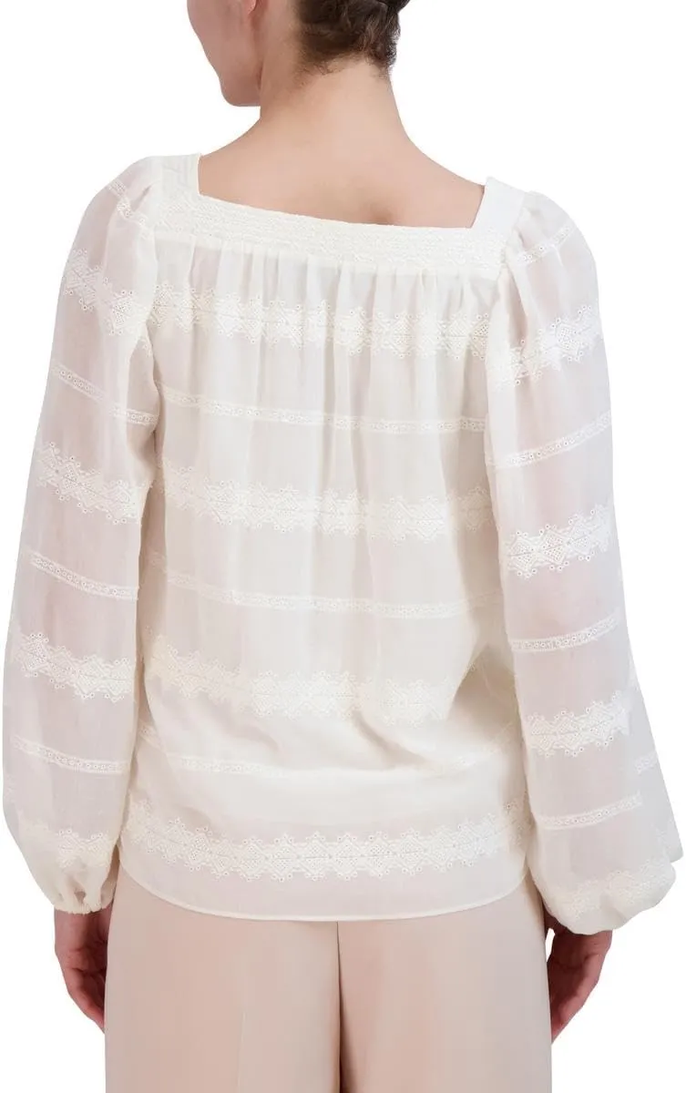 BCBGMAXAZRIA Women's Square Neck Long Balloon Sleeve Pullover Blouse