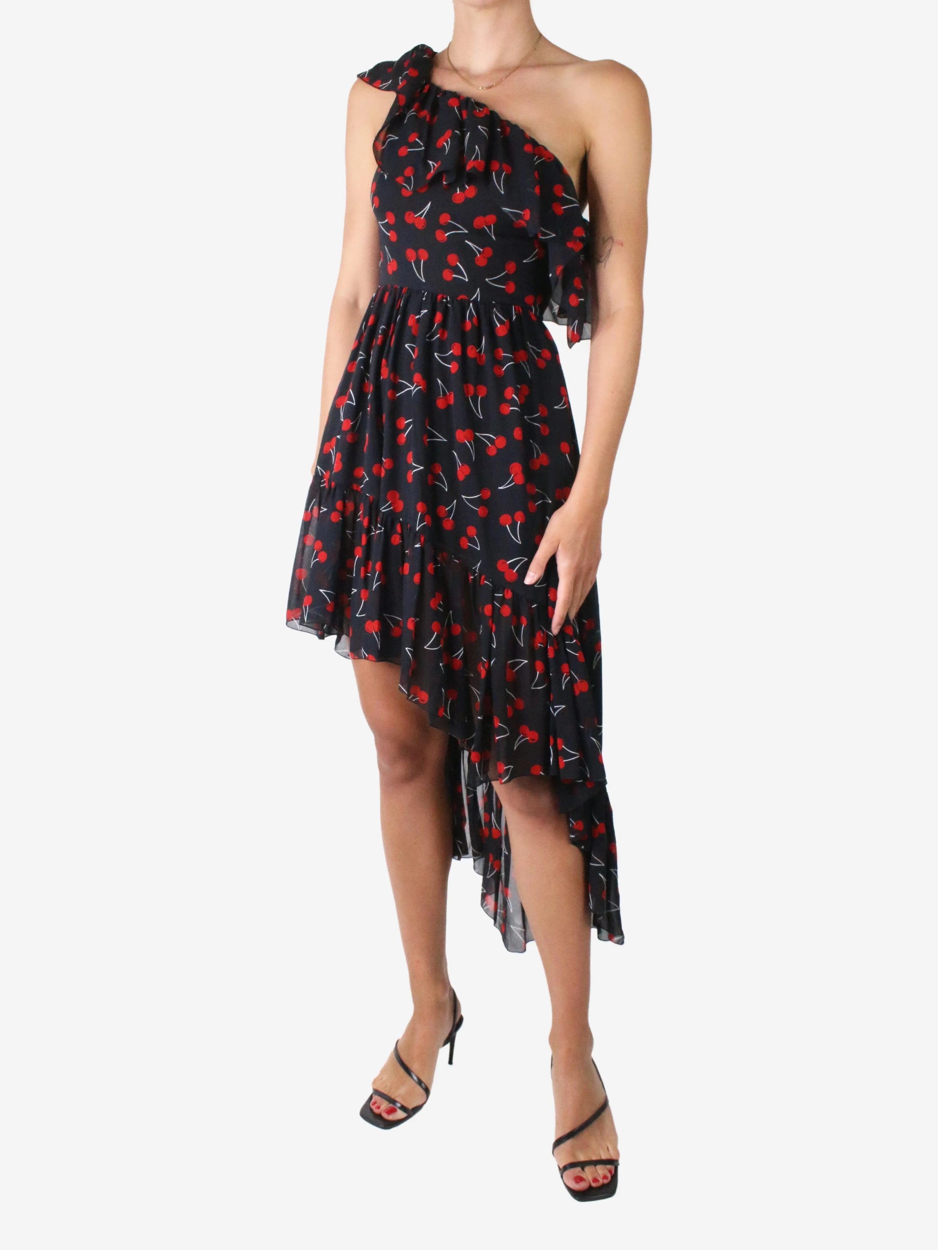 Black one-shoulder cherry georgette print dress - size FR 36