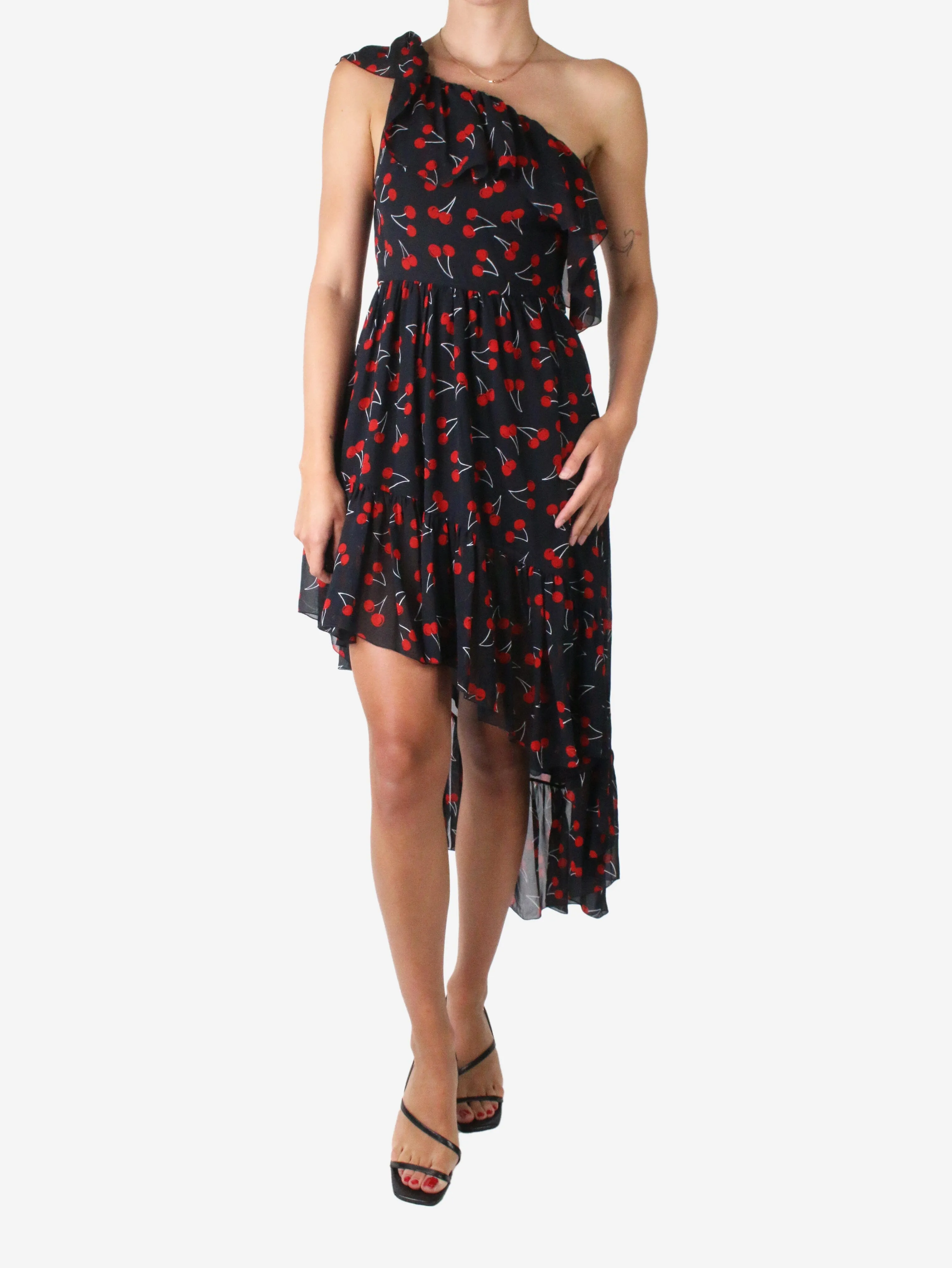 Black one-shoulder cherry georgette print dress - size FR 36