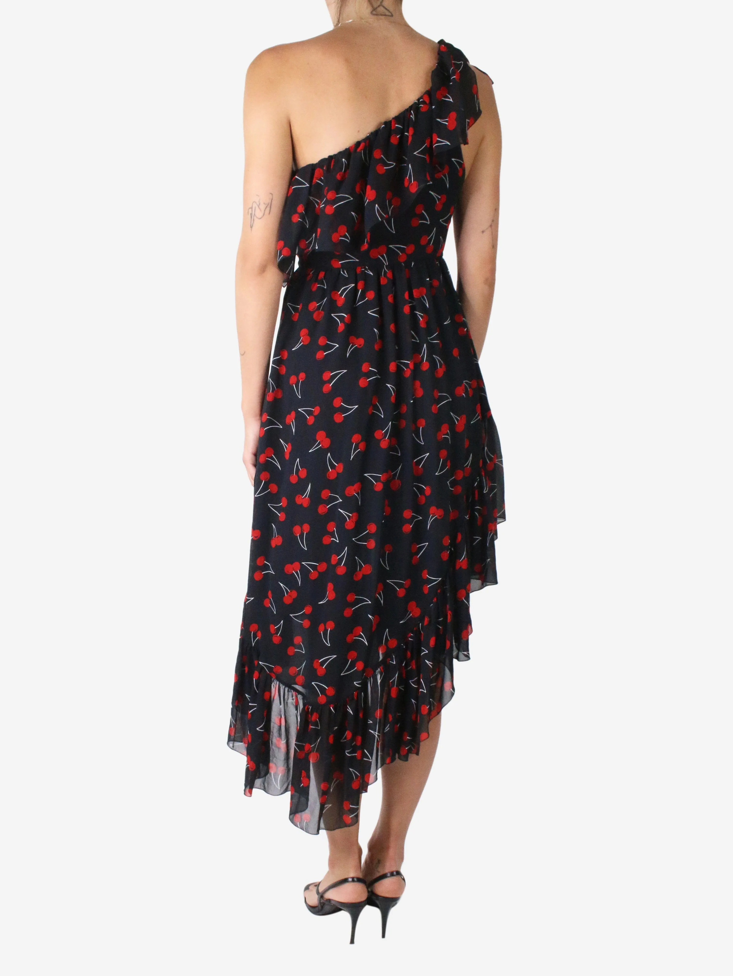 Black one-shoulder cherry georgette print dress - size FR 36