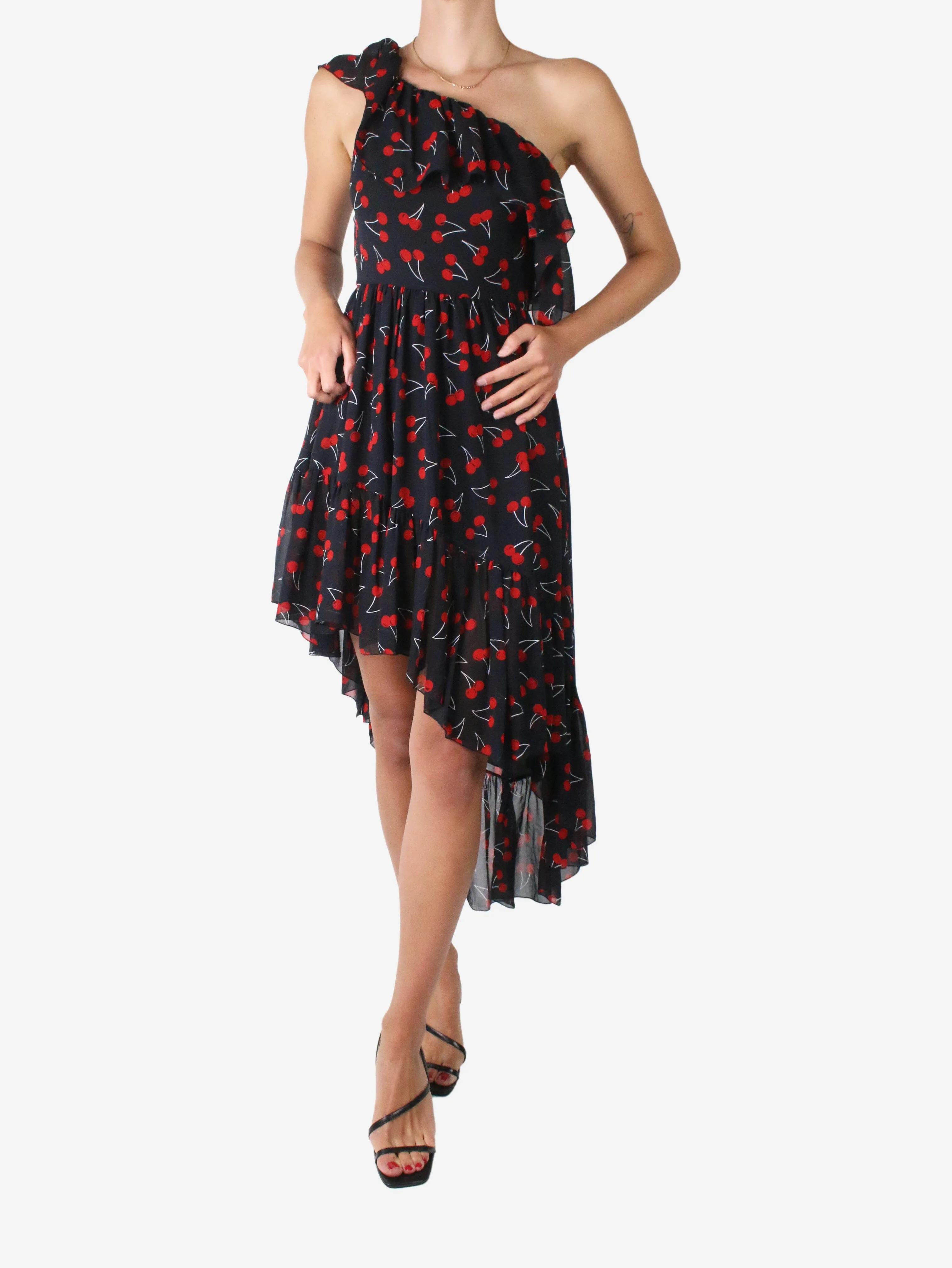 Black one-shoulder cherry georgette print dress - size FR 36