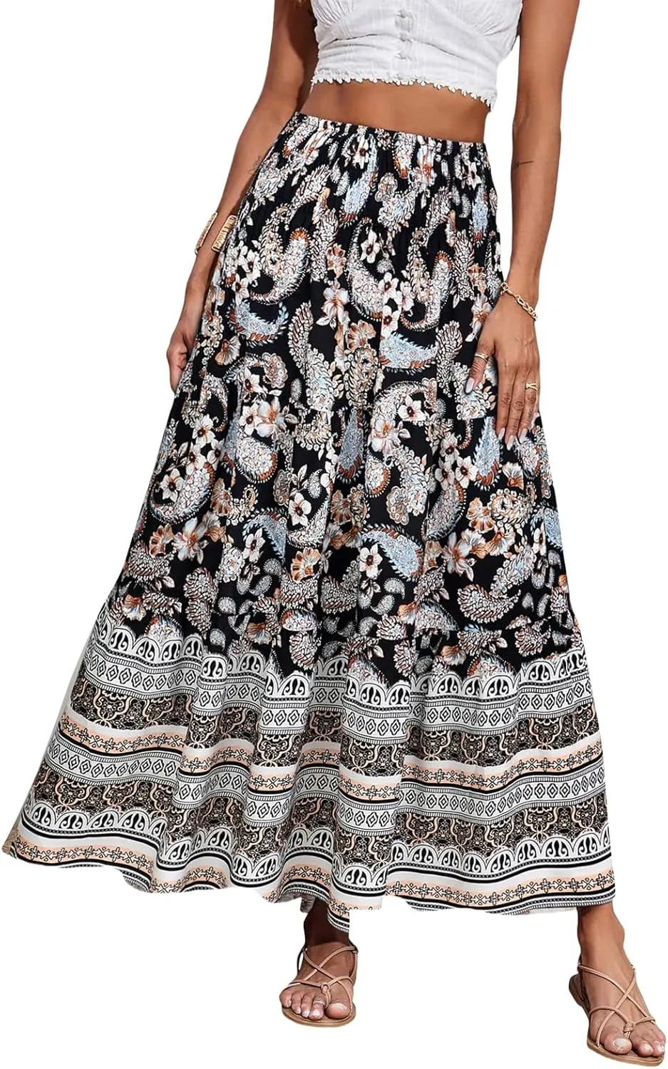 Boho Maxi Skirt for Women Summer Flowy Elastic High Waist Floral Print Skirts Fashion Tunic Color Block Beach Skirts