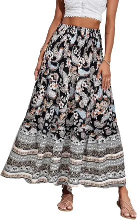 Boho Maxi Skirt for Women Summer Flowy Elastic High Waist Floral Print Skirts Fashion Tunic Color Block Beach Skirts