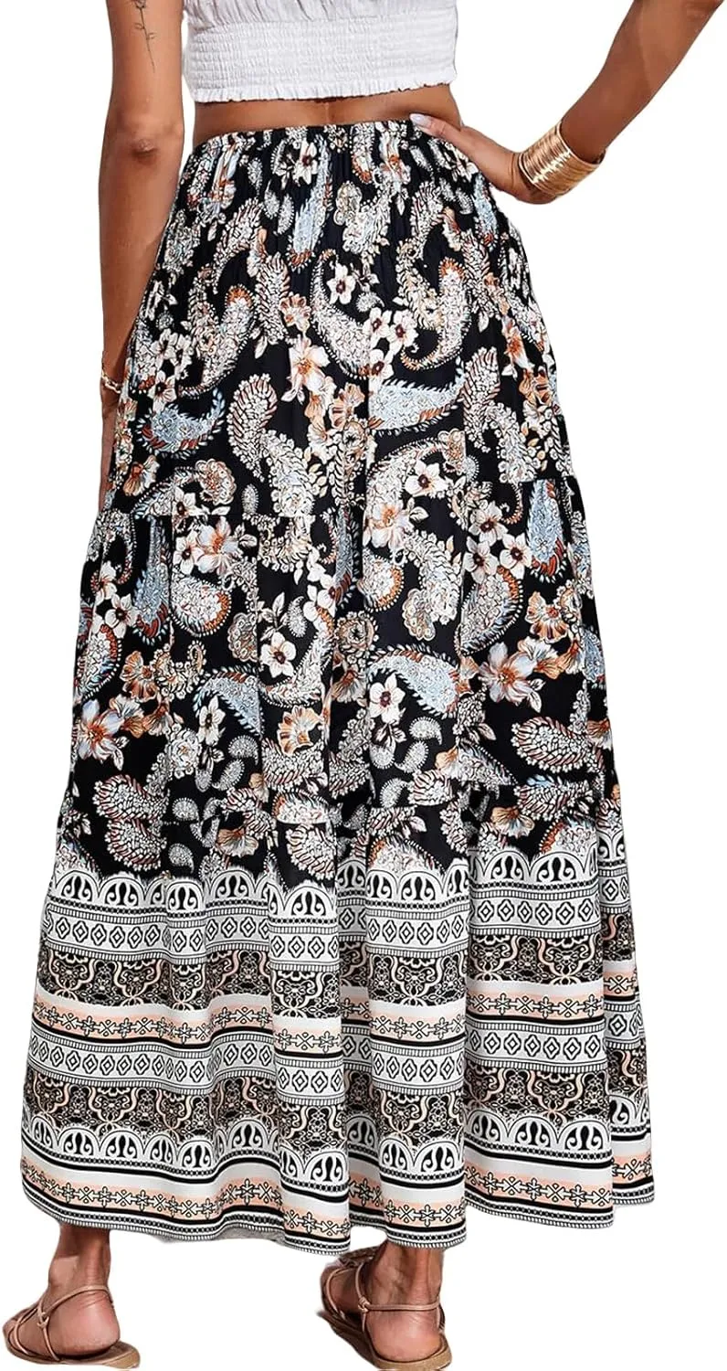 Boho Maxi Skirt for Women Summer Flowy Elastic High Waist Floral Print Skirts Fashion Tunic Color Block Beach Skirts