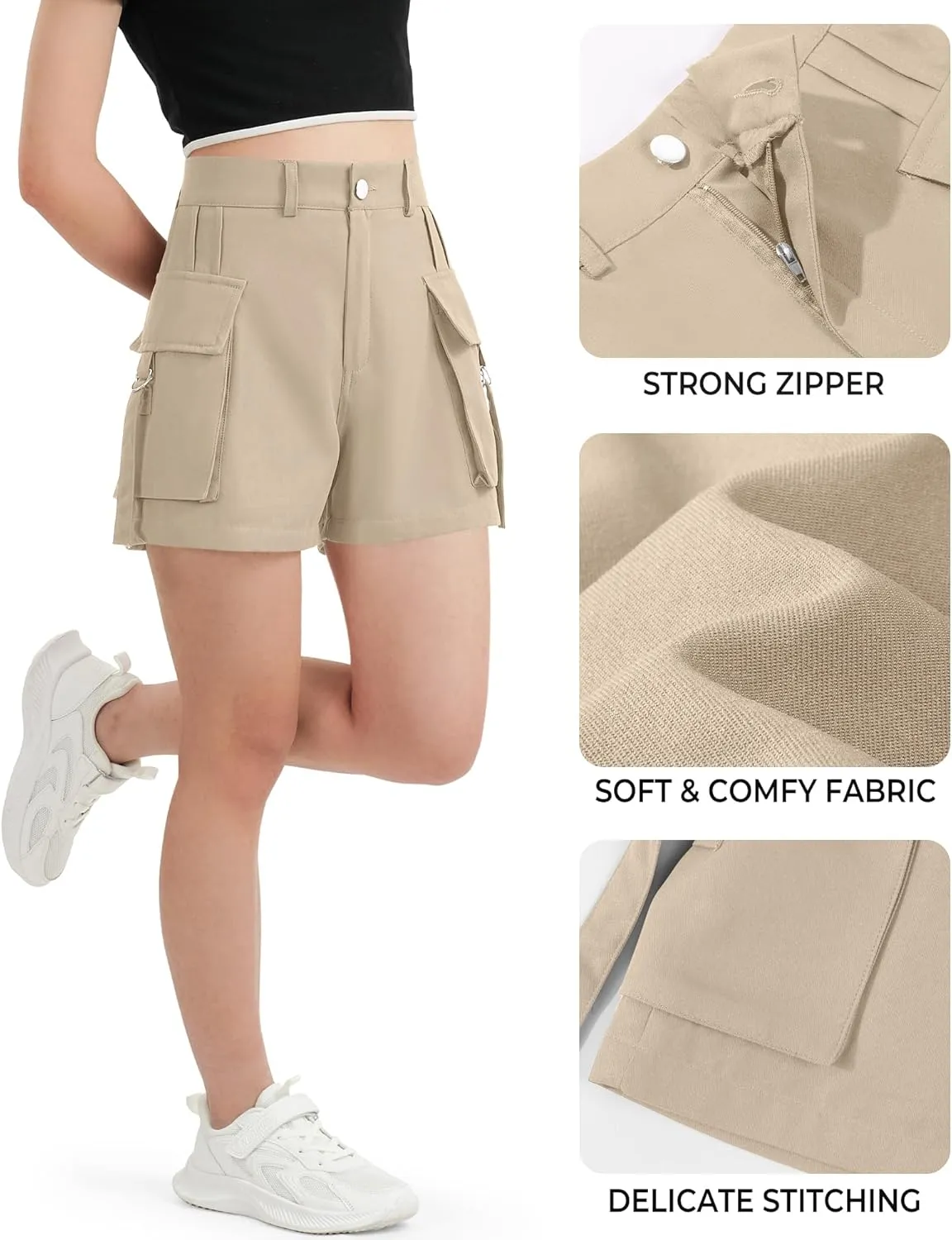 BOOPH Girls Hiking Cargo Shorts Kids Lightweight Pockets Athletic Summer Casual Uniform Shorts for Girls 6-14Y