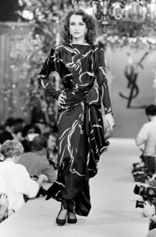 Fall 1985 Unlabeled Ady Couture for YSL Black Silk Hip Swag Dress w Pink Bow Print