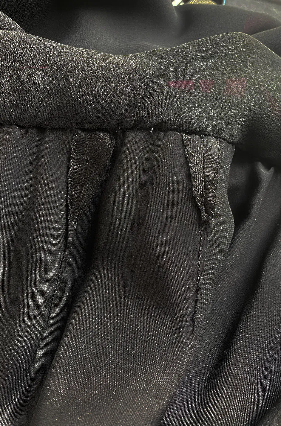 Fall 1985 Unlabeled Ady Couture for YSL Black Silk Hip Swag Dress w Pink Bow Print