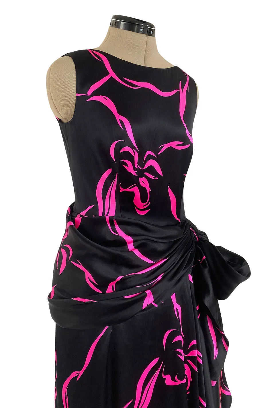 Fall 1985 Unlabeled Ady Couture for YSL Black Silk Hip Swag Dress w Pink Bow Print