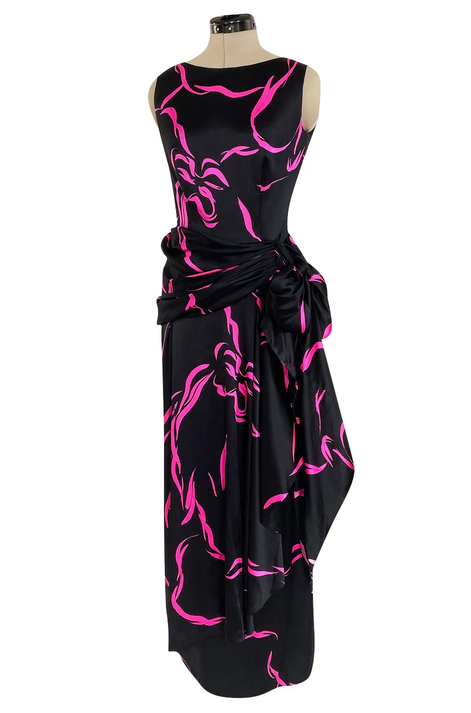 Fall 1985 Unlabeled Ady Couture for YSL Black Silk Hip Swag Dress w Pink Bow Print
