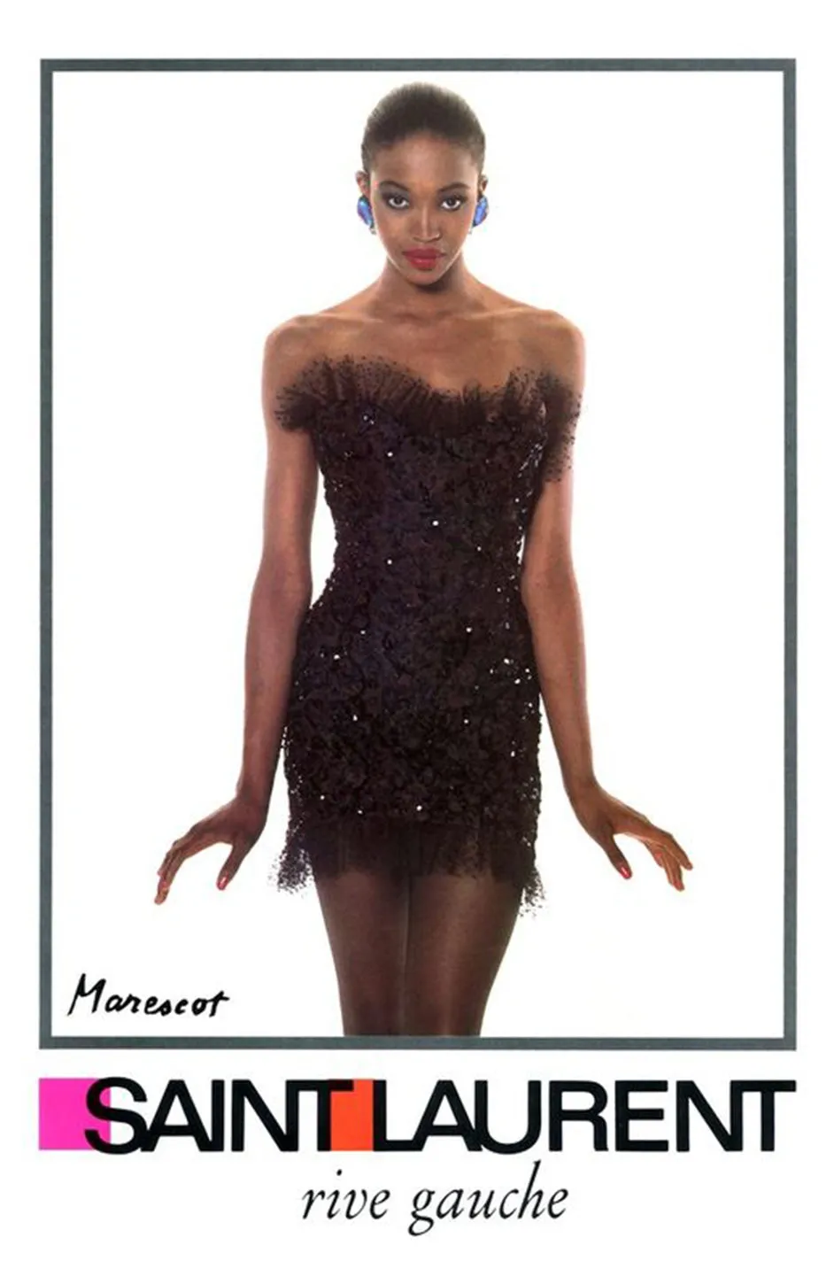 Fall 1987 Yves Saint Laurent Metallic Lame Lace & Black Sequin Bow Dress
