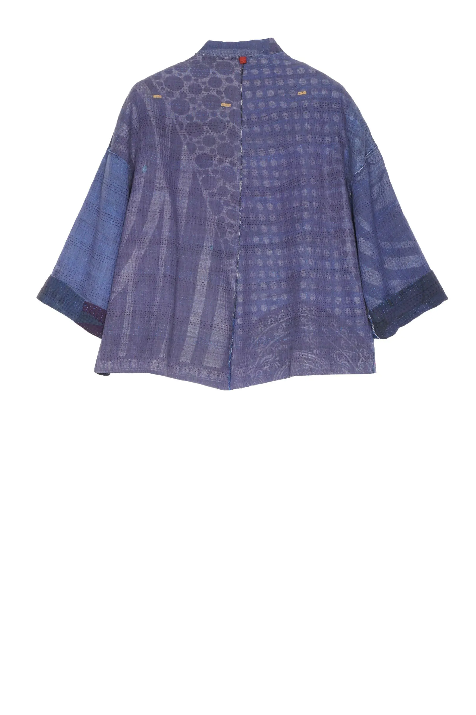 FRAYED PATCH KANTHA STAND COLLAR CROPPED JKT - fi4034-nvy -