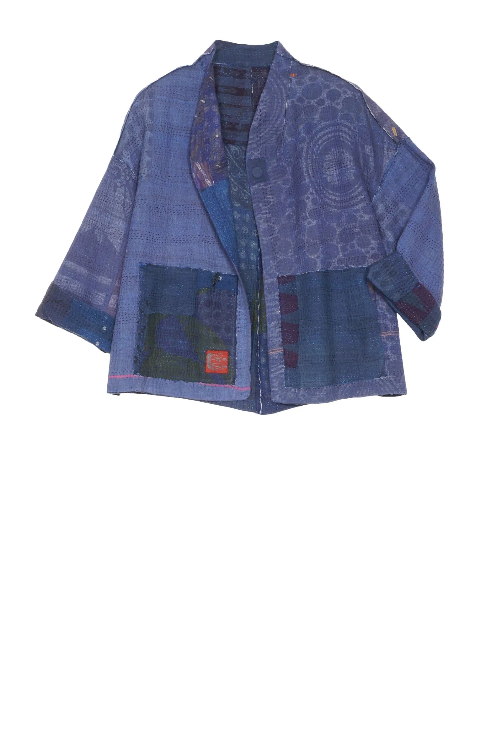 FRAYED PATCH KANTHA STAND COLLAR CROPPED JKT - fi4034-nvy -
