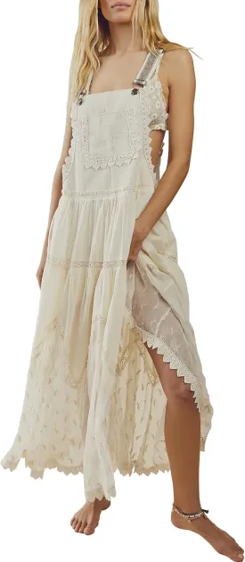 Gacaky Summer Dress for Women Casual Floral Embroidered Bohemian Dress Adjustable Straps Bib Maxi Flowy Dress with Pockets