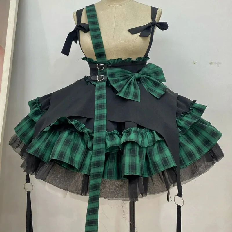 Girlary Victorian Gothic Lolita Plaid Bow Suspender Skirt Women Chic Love Button A-Line Mini Skirts Cute Girl Punk Style Y2k Party Skirt