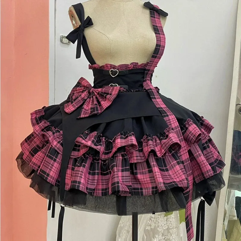 Girlary Victorian Gothic Lolita Plaid Bow Suspender Skirt Women Chic Love Button A-Line Mini Skirts Cute Girl Punk Style Y2k Party Skirt