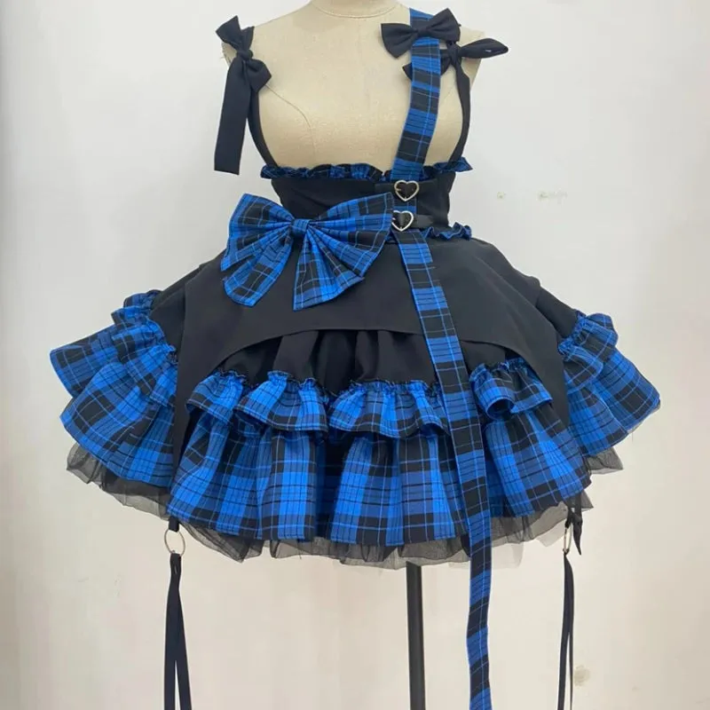 Girlary Victorian Gothic Lolita Plaid Bow Suspender Skirt Women Chic Love Button A-Line Mini Skirts Cute Girl Punk Style Y2k Party Skirt