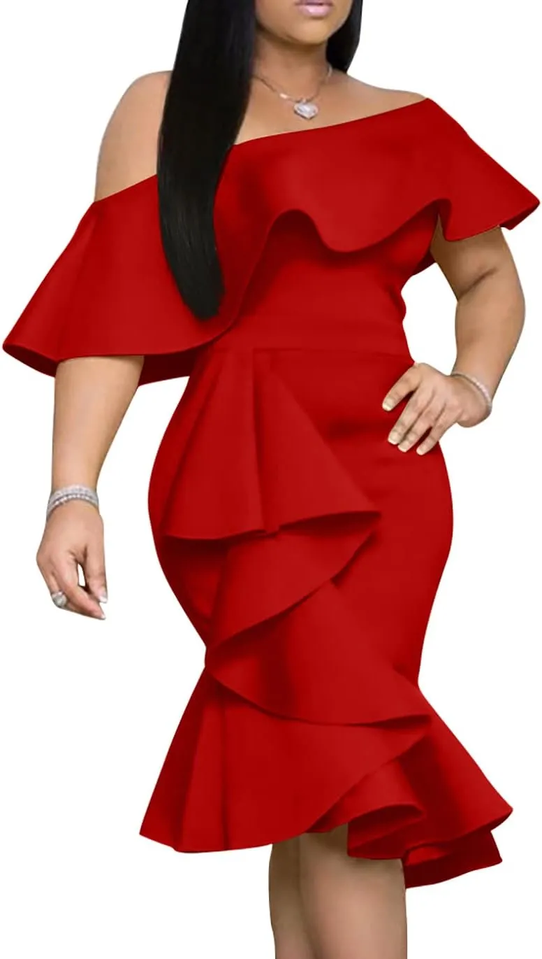 GOBLES Women's Elegant Off The Sholder Back Zipper Ruffles Bodycon Midi Cocktail Dress