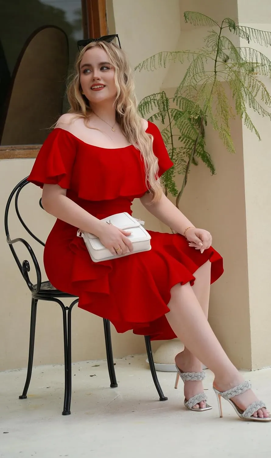 GOBLES Women's Elegant Off The Sholder Back Zipper Ruffles Bodycon Midi Cocktail Dress