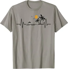 Heartbeat with Tropical Palm Trees Beach Island and Dolphin T-Shirt