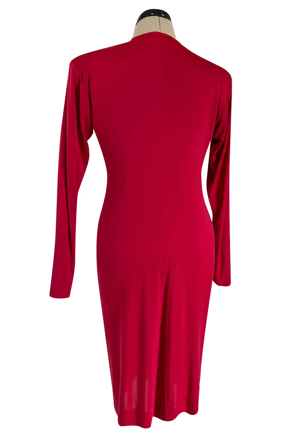 Iconic Fall 1985 Yves Saint Laurent Ad Campaign Red Plunge Dress w Jewel Clasp