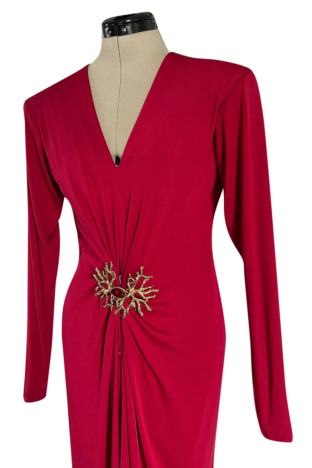 Iconic Fall 1985 Yves Saint Laurent Ad Campaign Red Plunge Dress w Jewel Clasp