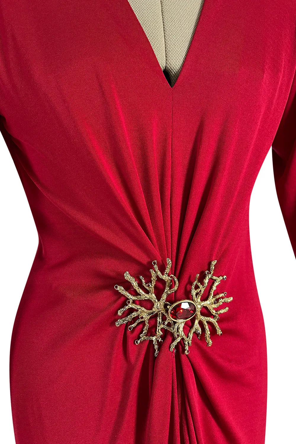 Iconic Fall 1985 Yves Saint Laurent Ad Campaign Red Plunge Dress w Jewel Clasp