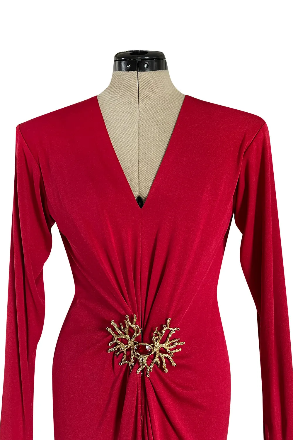 Iconic Fall 1985 Yves Saint Laurent Ad Campaign Red Plunge Dress w Jewel Clasp