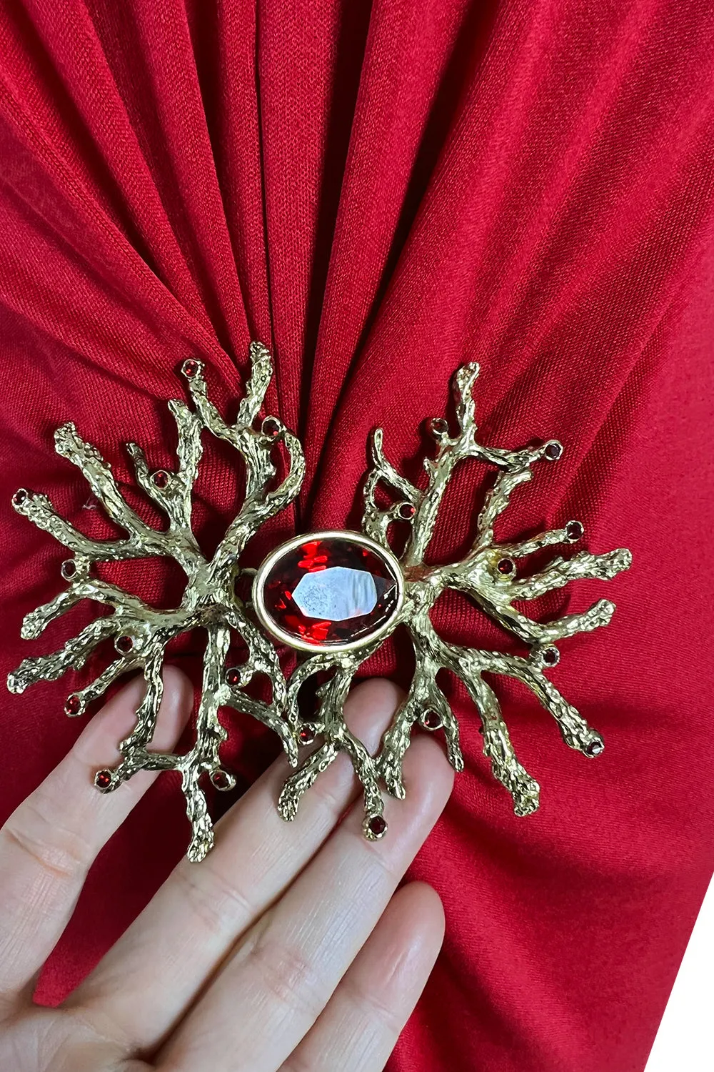 Iconic Fall 1985 Yves Saint Laurent Ad Campaign Red Plunge Dress w Jewel Clasp