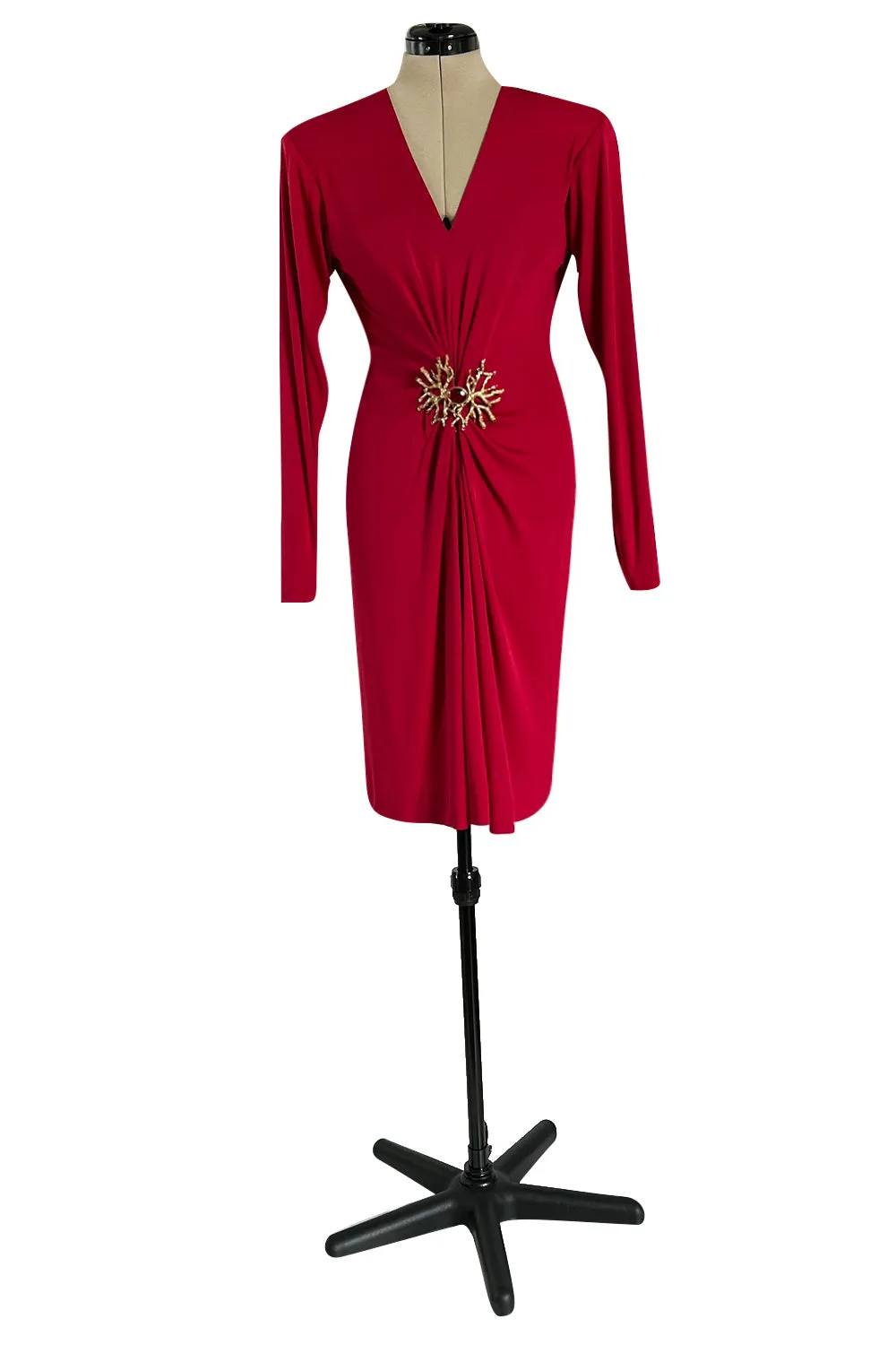 Iconic Fall 1985 Yves Saint Laurent Ad Campaign Red Plunge Dress w Jewel Clasp