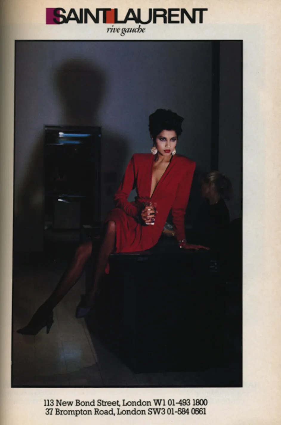 Iconic Fall 1985 Yves Saint Laurent Ad Campaign Red Plunge Dress w Jewel Clasp