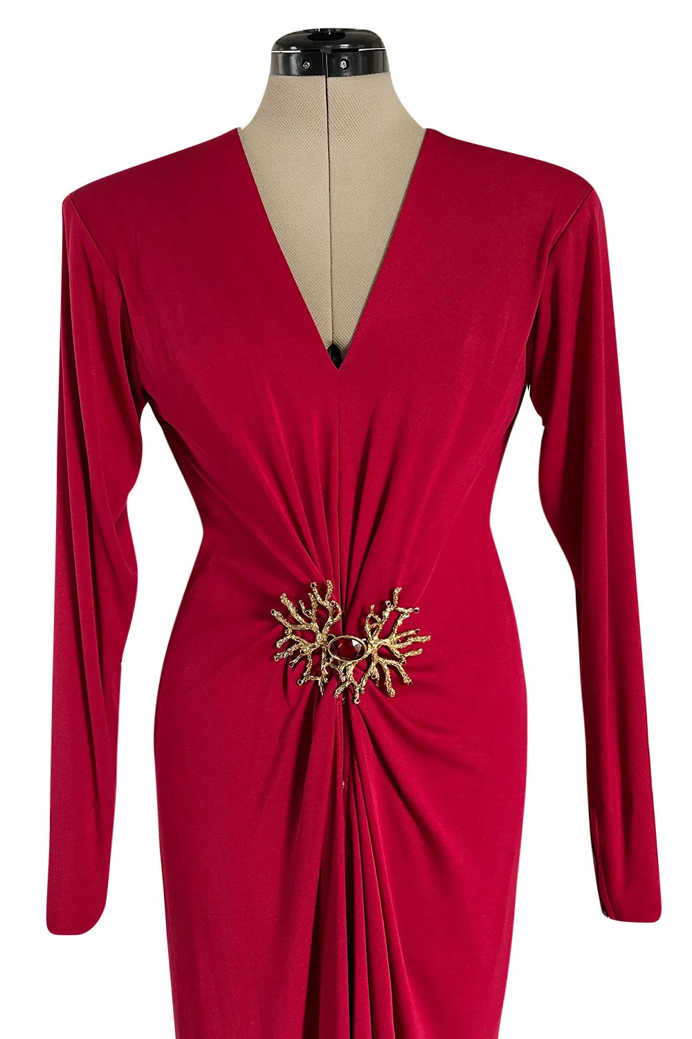 Iconic Fall 1985 Yves Saint Laurent Ad Campaign Red Plunge Dress w Jewel Clasp