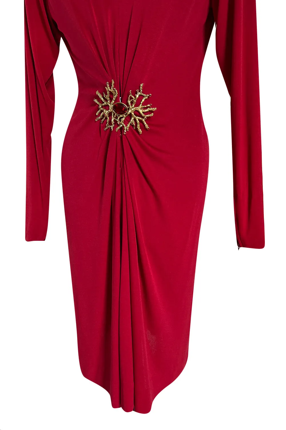 Iconic Fall 1985 Yves Saint Laurent Ad Campaign Red Plunge Dress w Jewel Clasp