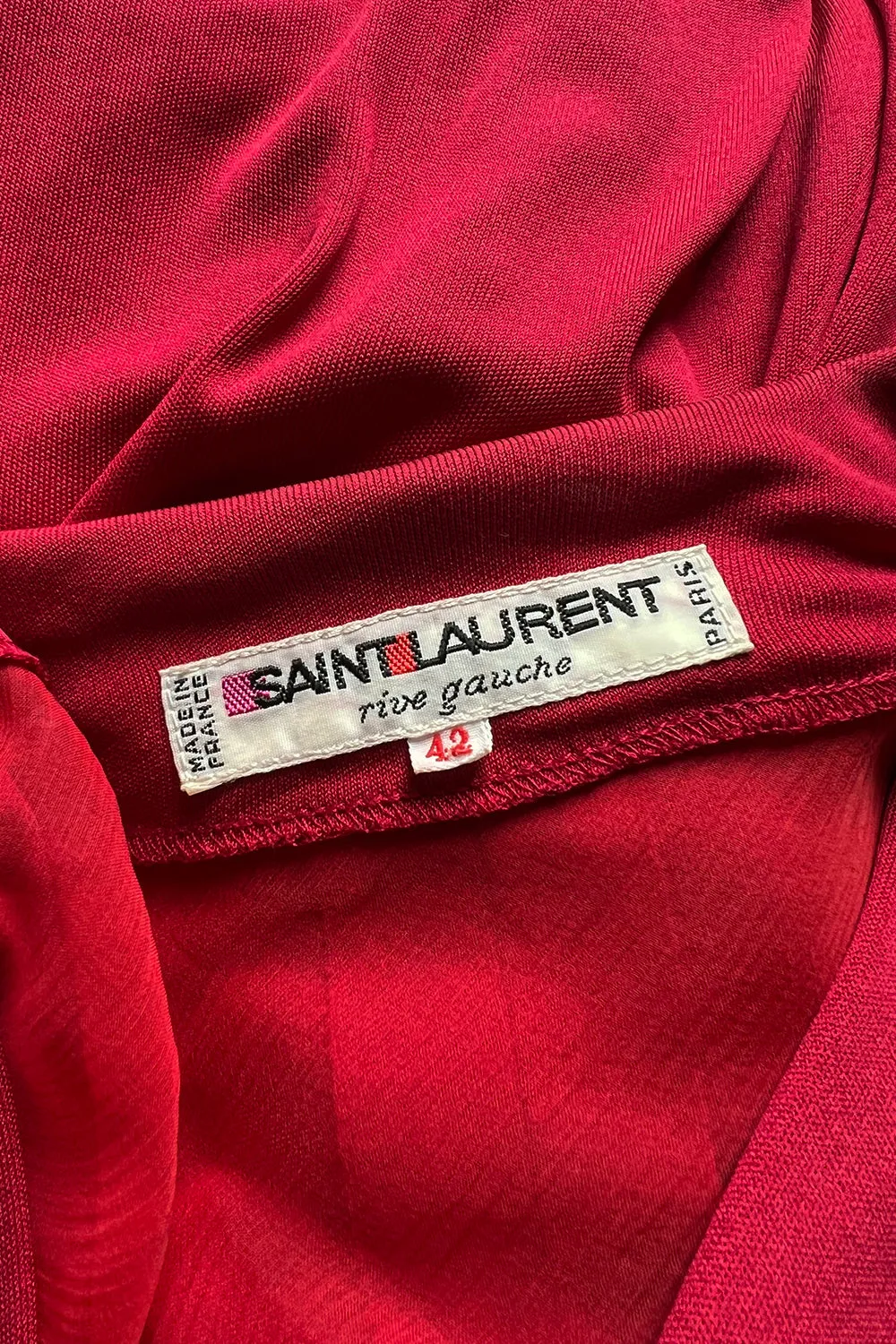 Iconic Fall 1985 Yves Saint Laurent Ad Campaign Red Plunge Dress w Jewel Clasp