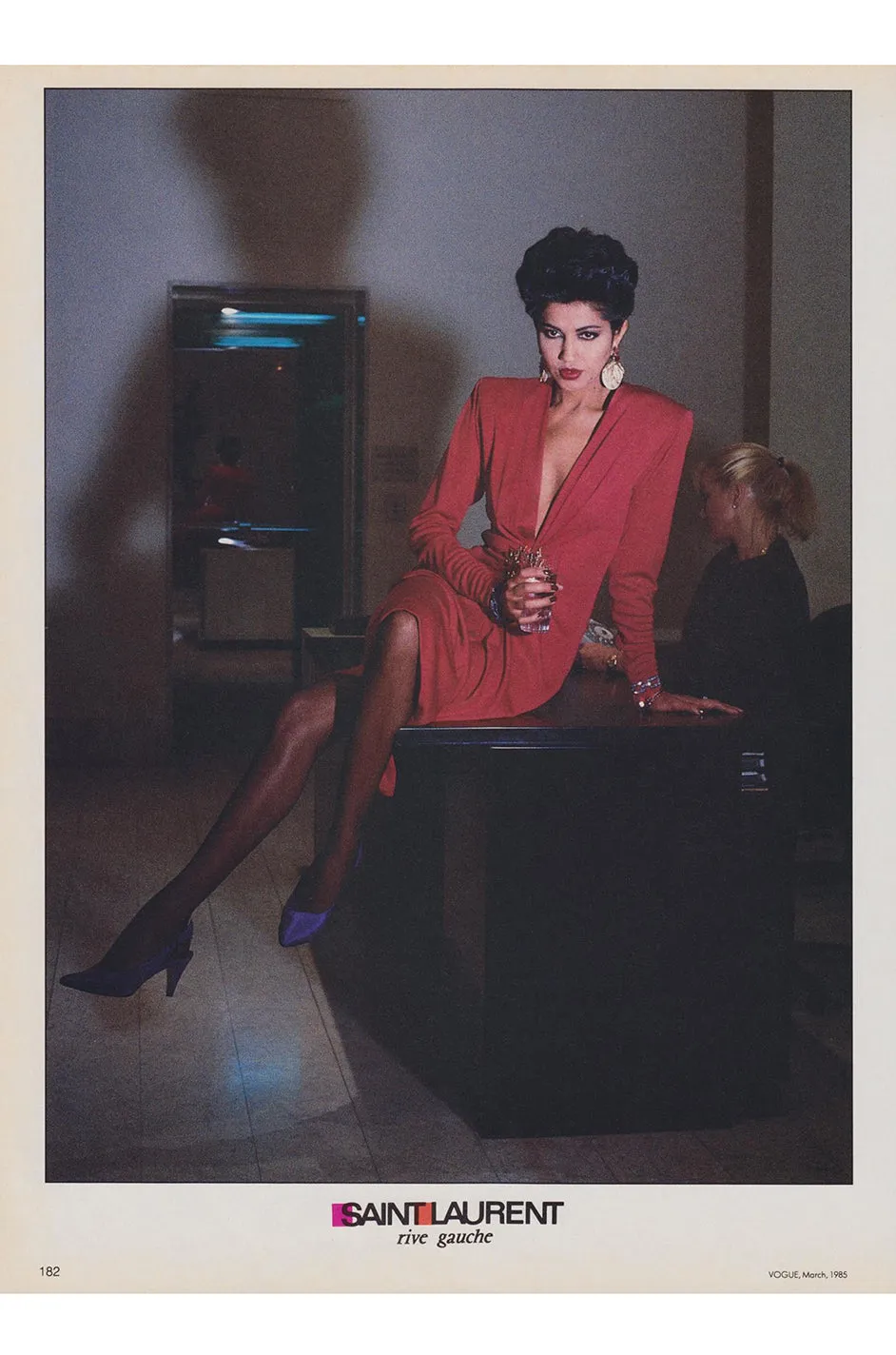 Iconic Fall 1985 Yves Saint Laurent Ad Campaign Red Plunge Dress w Jewel Clasp