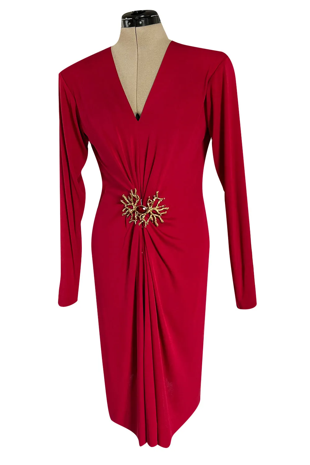 Iconic Fall 1985 Yves Saint Laurent Ad Campaign Red Plunge Dress w Jewel Clasp