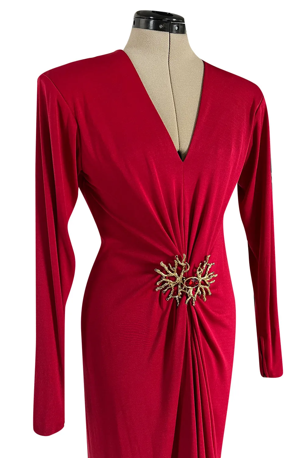Iconic Fall 1985 Yves Saint Laurent Ad Campaign Red Plunge Dress w Jewel Clasp