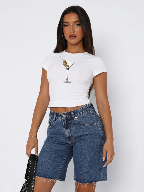 Kathleen New Round Neck Printed Street Fashion Slim Fit Short Navel Exposed Versatile T-Shirt