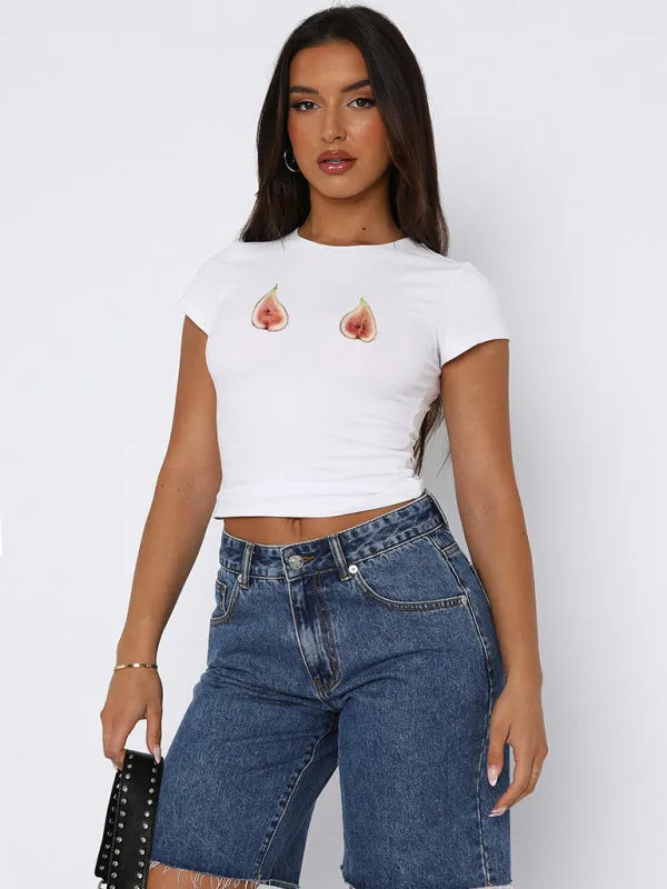 Kathleen New Round Neck Printed Street Fashion Slim Fit Short Navel Exposed Versatile T-Shirt
