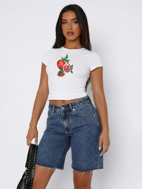 Kathleen New Round Neck Printed Street Fashion Slim Fit Short Navel Exposed Versatile T-Shirt