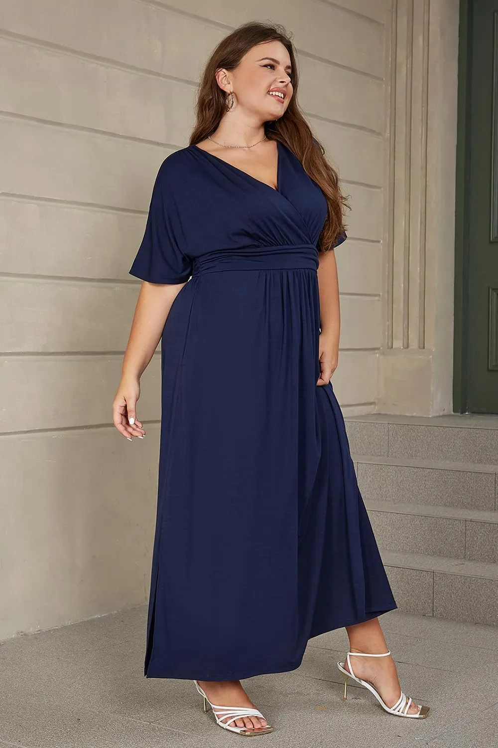 Keluummi Plus Size Wedding Guest Maxi Dress for Curvy Women, Summer Casual Floral Empire Waist 3/4 Sleeve Long Cocktail Dress