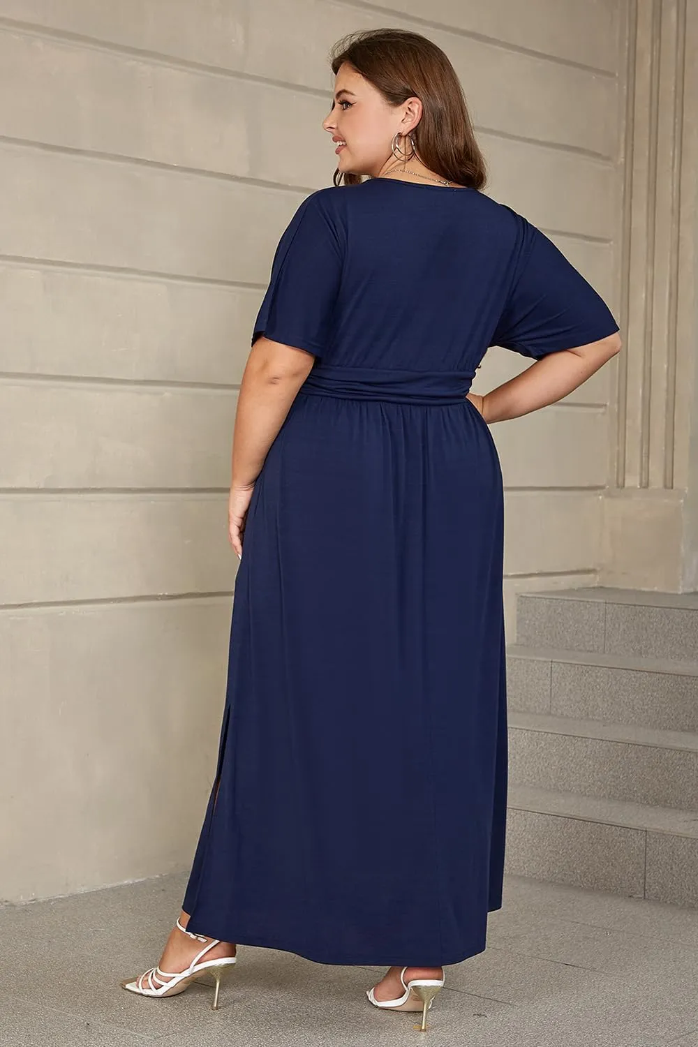 Keluummi Plus Size Wedding Guest Maxi Dress for Curvy Women, Summer Casual Floral Empire Waist 3/4 Sleeve Long Cocktail Dress