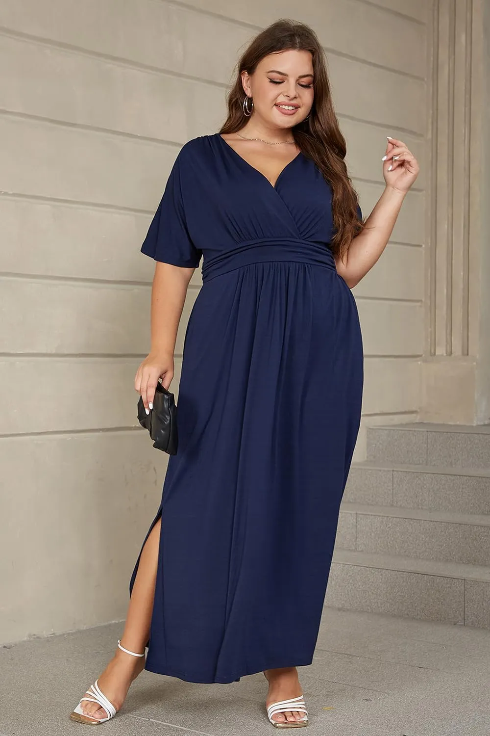 Keluummi Plus Size Wedding Guest Maxi Dress for Curvy Women, Summer Casual Floral Empire Waist 3/4 Sleeve Long Cocktail Dress