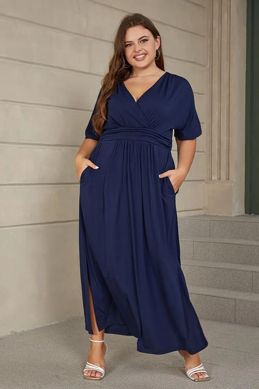 Keluummi Plus Size Wedding Guest Maxi Dress for Curvy Women, Summer Casual Floral Empire Waist 3/4 Sleeve Long Cocktail Dress