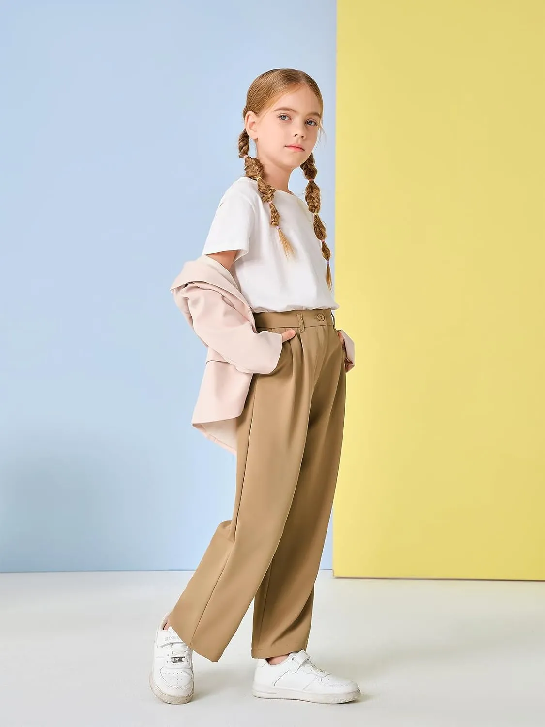 Kids Girls High Waist Wide Leg School Uniform Pants 5-14 Years