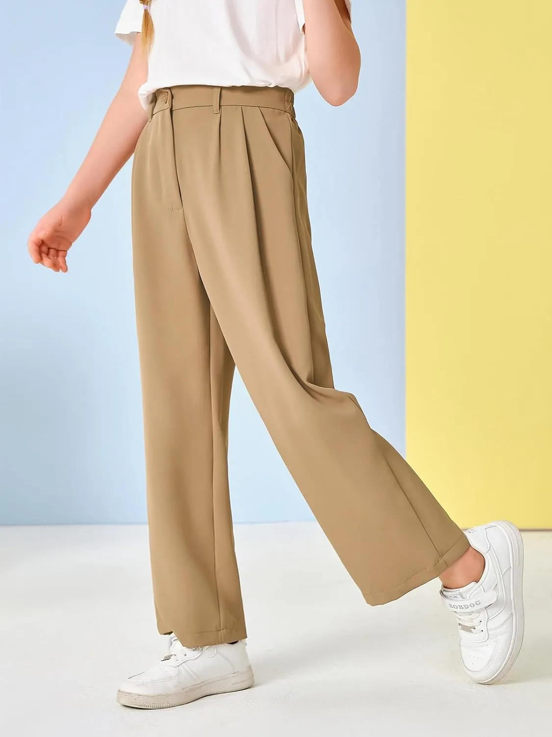 Kids Girls High Waist Wide Leg School Uniform Pants 5-14 Years
