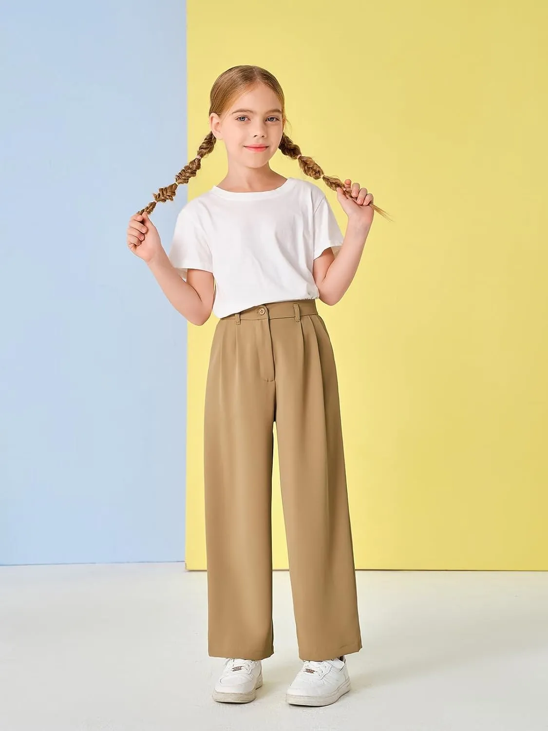 Kids Girls High Waist Wide Leg School Uniform Pants 5-14 Years