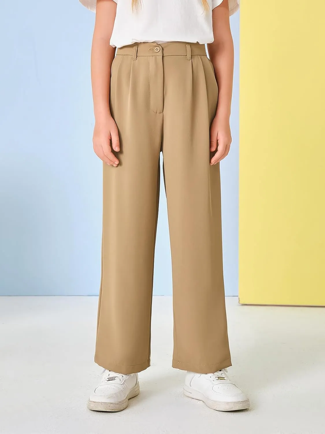 Kids Girls High Waist Wide Leg School Uniform Pants 5-14 Years